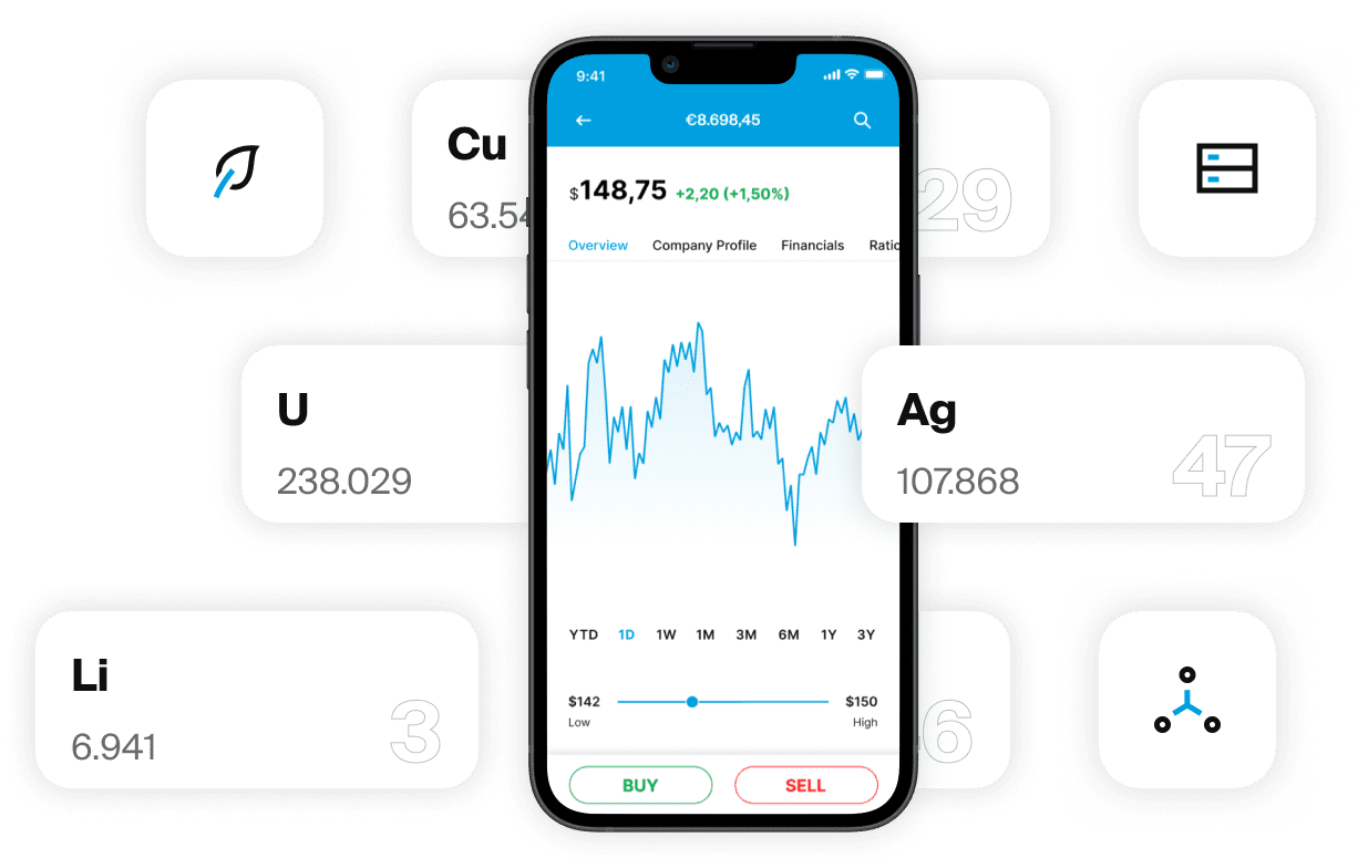 Smartphone showing EXDEGIRO app stock chart with commodity symbols like Ag, Cu, Li, and U.