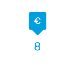 Calendar screen highlighting Tuesday the 8th with euro icon.