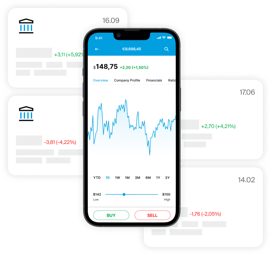 Smartphone, das den Chart der EXDEGIRO-App mit Symbolen von Finanzinstituten und Marktdatenfeldern anzeigt
