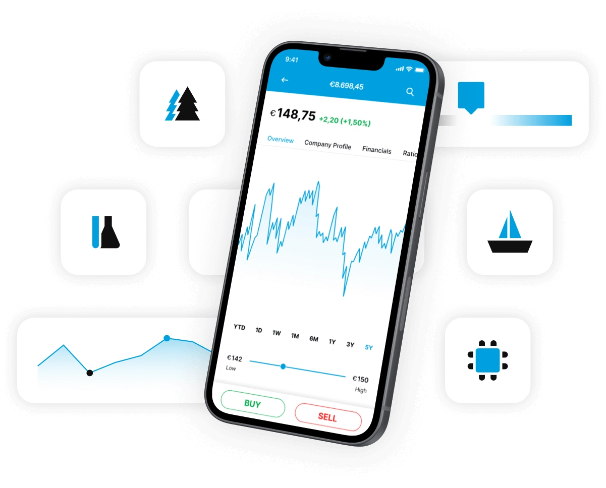 Smartphone mit EXDegiro-App, die einen Aktienchart mit Kauf- und Verkaufsschaltflächen anzeigt.
