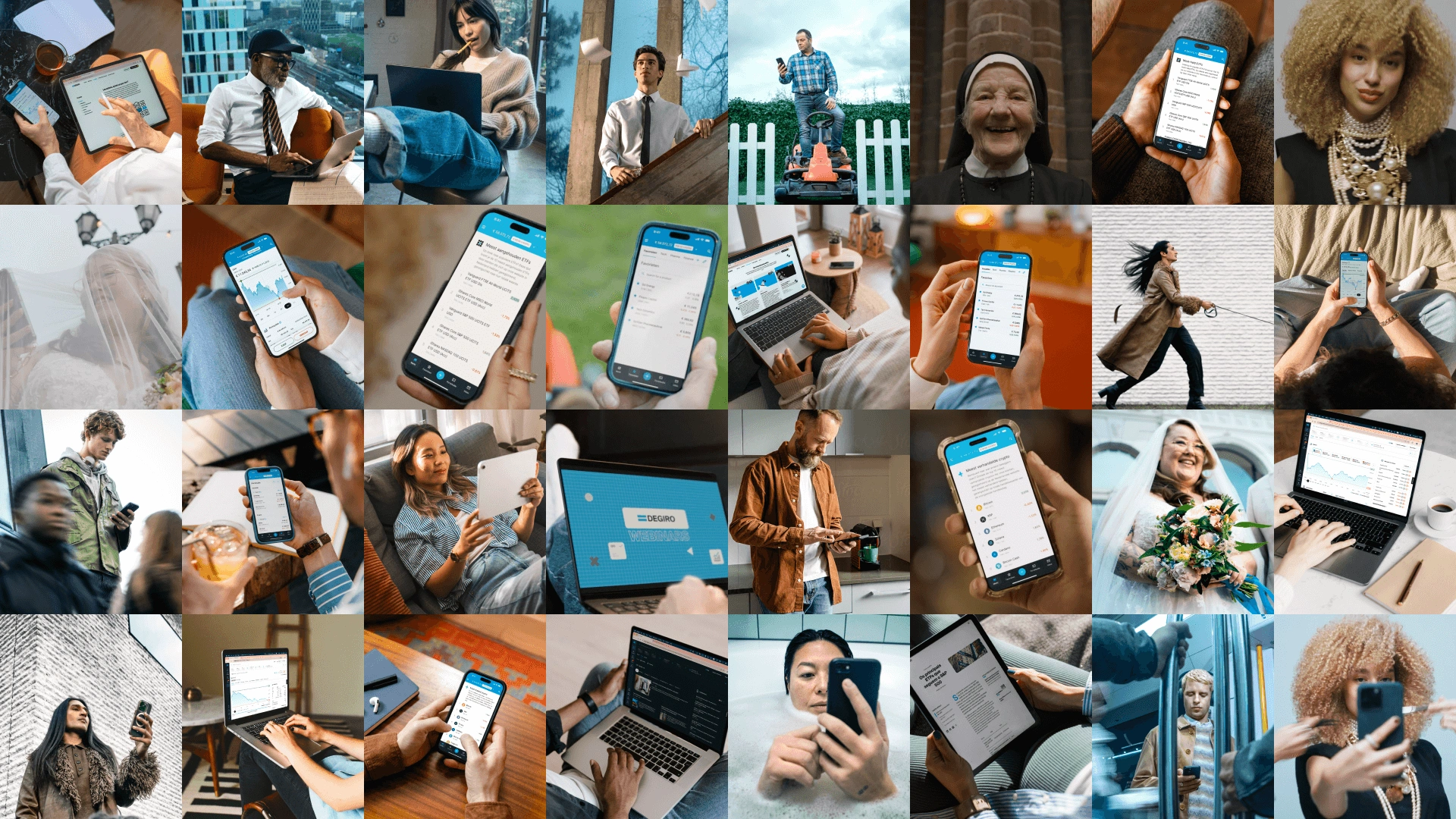 Collage von Personen, die Smartphones, Tablets und Laptops mit der EXDEGIRO-Investitionsplattform nutzen.