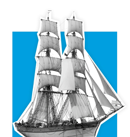 Historisches Segelschiff mit mehreren Masten und Segeln auf blauem Hintergrund.