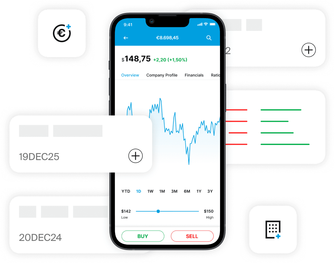 Smartphone che mostra grafici azionari nell'app EXDEGIRO con opzioni di ordine e icone finanziarie.