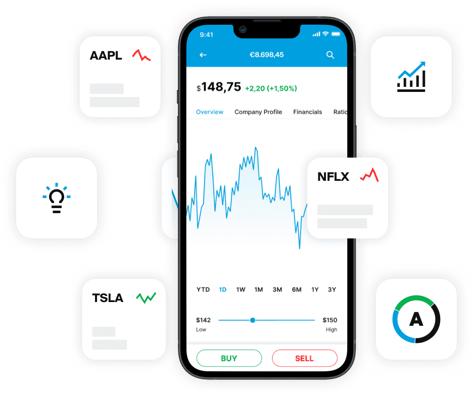 Smartphone che mostra grafico azionario nell'app EXDEGIRO con icone AAPL, TSLA e NFLX intorno