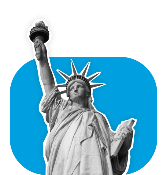 Statua della Libertà che tiene una torcia e una tavoletta su sfondo blu